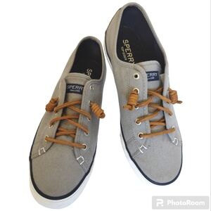Sperry Top Sider Slip-On Grey Canvas Leather Lace Boat Shoes Sneakers Size 9.5 M